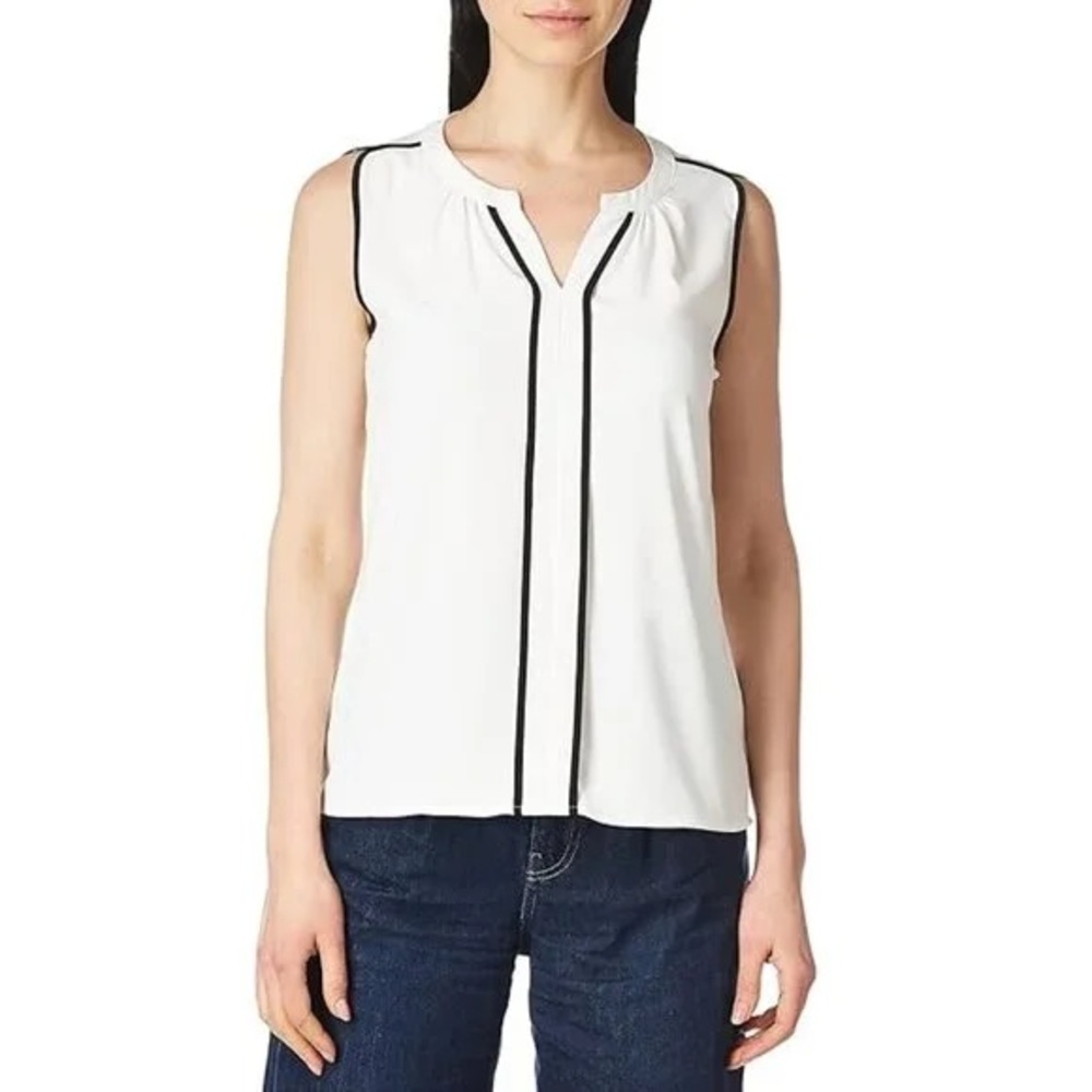 Calvin Klein White Sleeveless Blouse with Black Accents